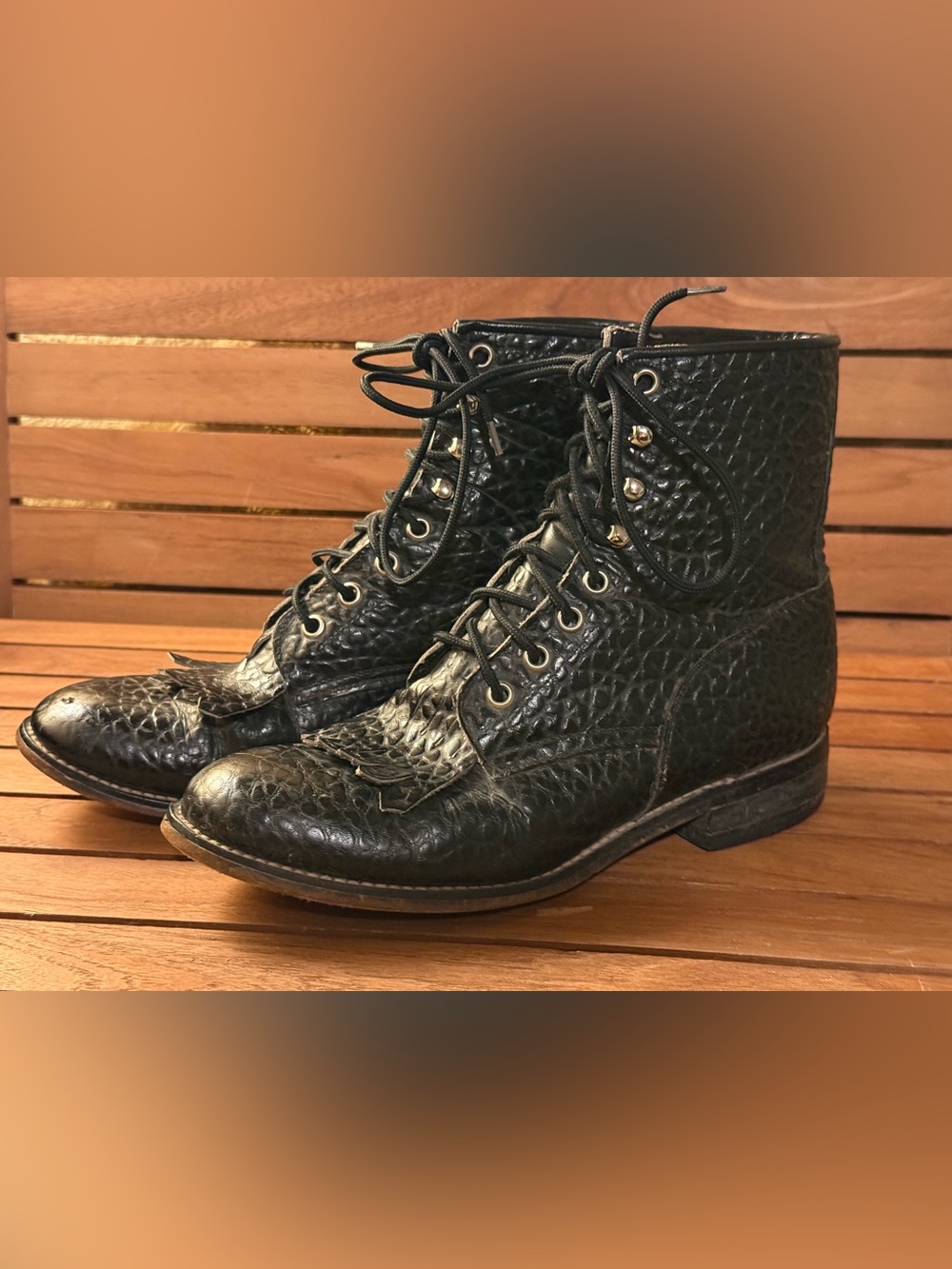 Vintage Justin Black Pebbled Leather Kiltie Lace Up Roper Boots 5229 Size 5D